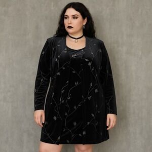 Vintage 90s Velvet Dress‎ Jacket Set Black Silver Metallic Floral XL 16